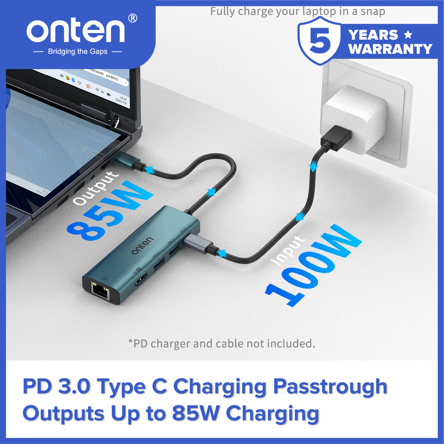 Onten Converter USB-C Hub 5in1 to LAN RJ45 HDMI USB 3.0 USB 2.0 PD 3.0 OTN-UC125
