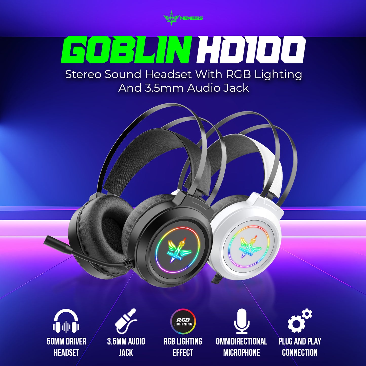 NYK Nemesis Goblin HD100 Wired Headphone 50mm Driver Stereo Sound Jack 3.5mm with Microphone
