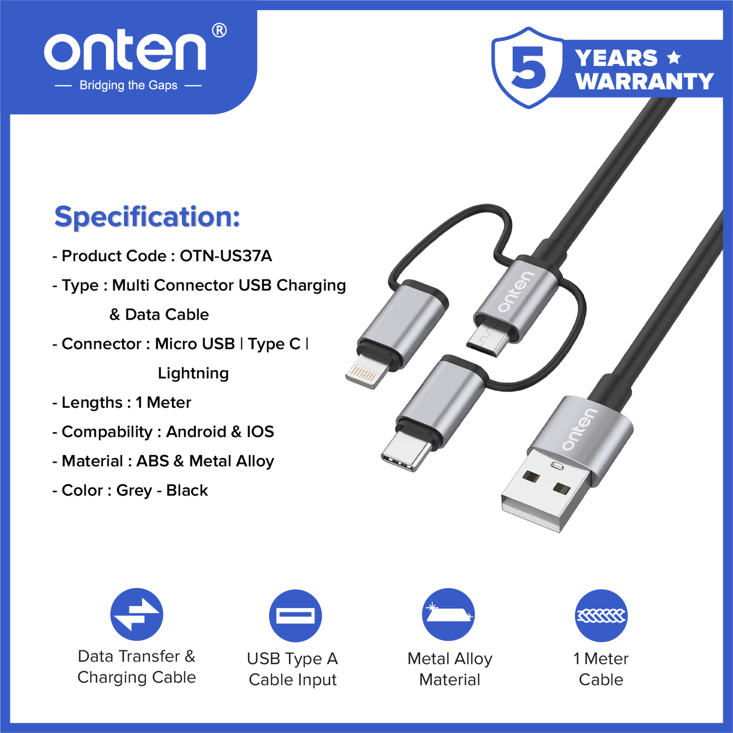 Onten Kabel Data 3in1 USB-A to USB-C / Lighting / Micro USB OTN-US37A