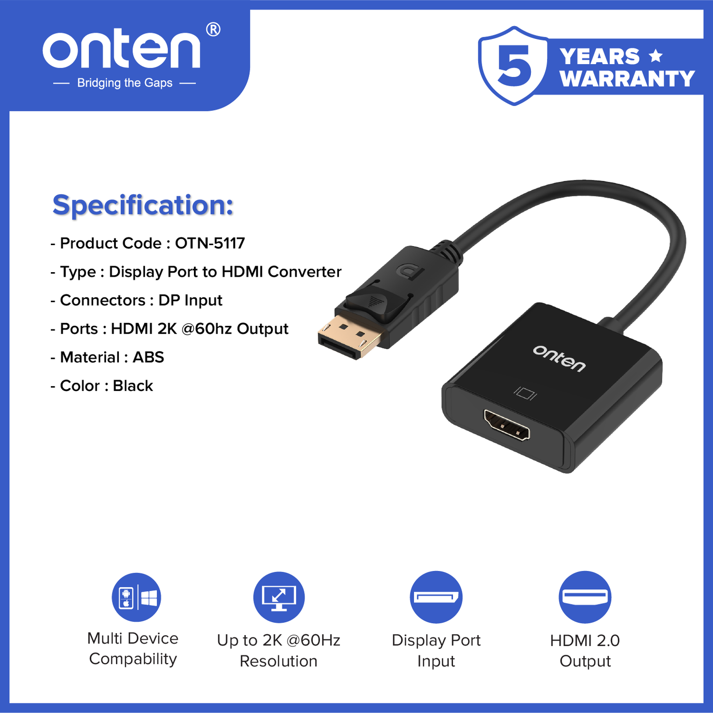 Onten Kabel DP Display Port to HDMI Converter 2K @60Hz Resolution OTN-5117