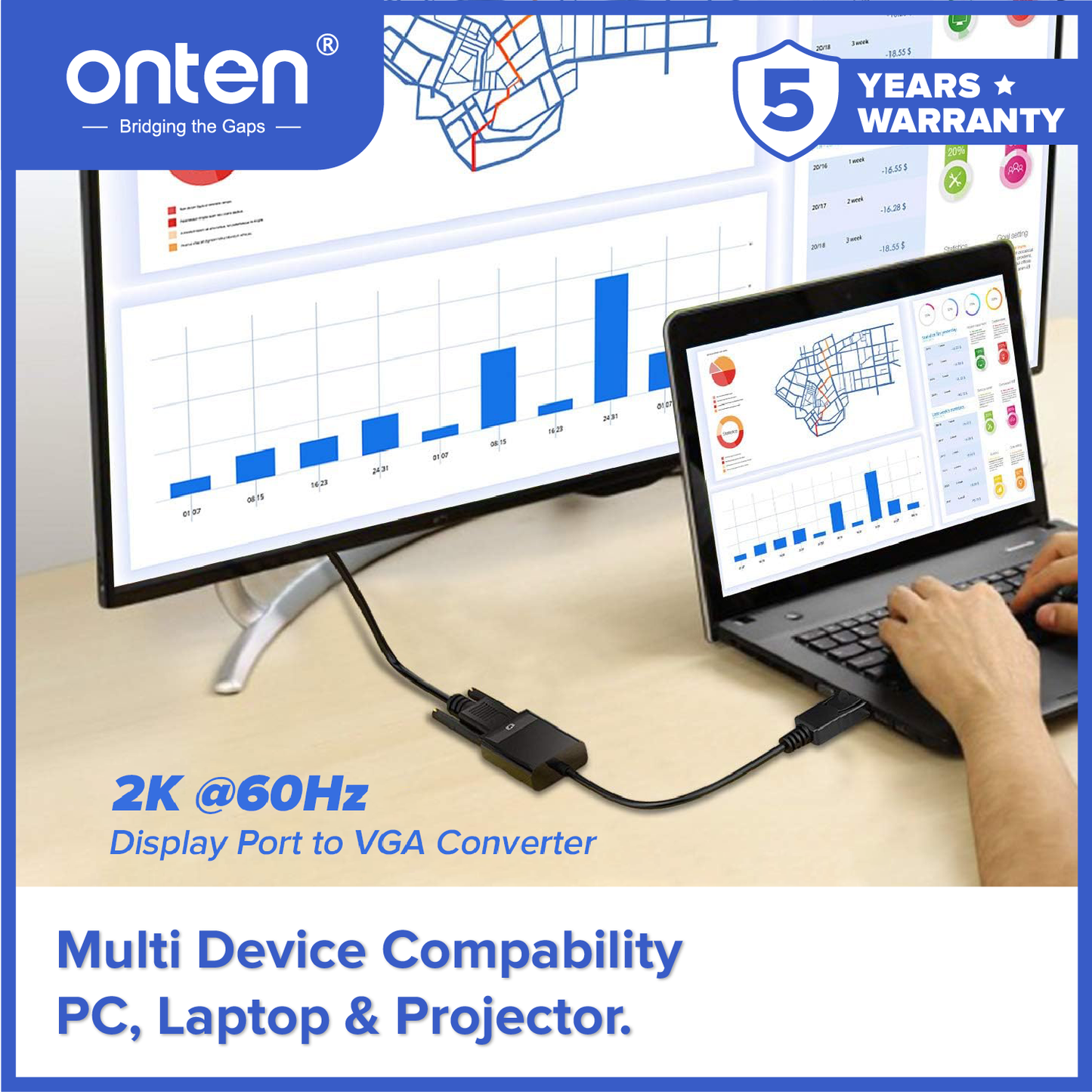 Onten Kabel DP Display Port to VGA Converter 2K @60Hz Resolution OTN-5118