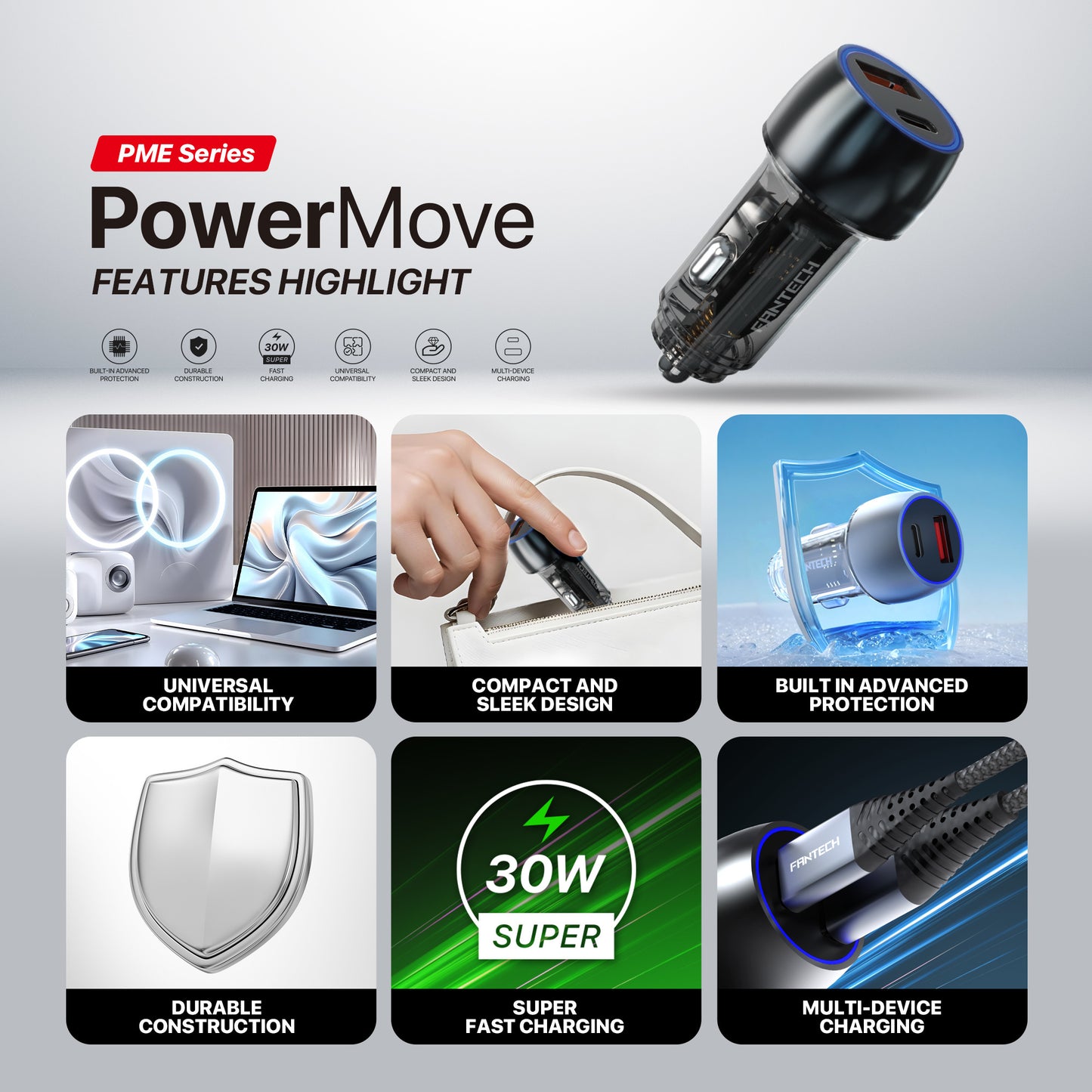 Fantech Power Move Car Charger Mobil Adaptor USB-C 30W+USB-C 15W Super Fast Charging PME302
