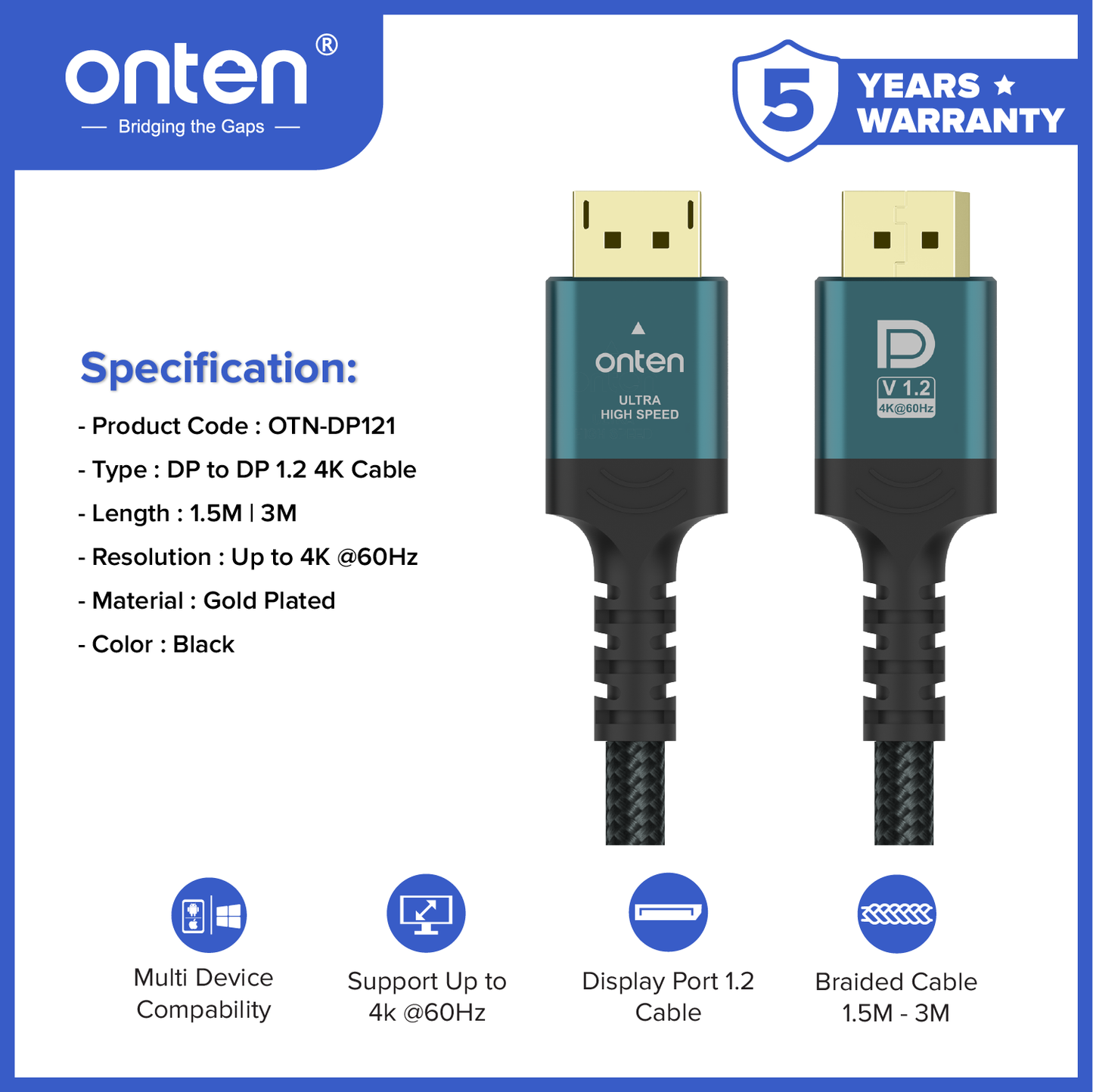 Onten Cable DP TO DP Kabel Display Port 1.2 Support up to 4K DP121