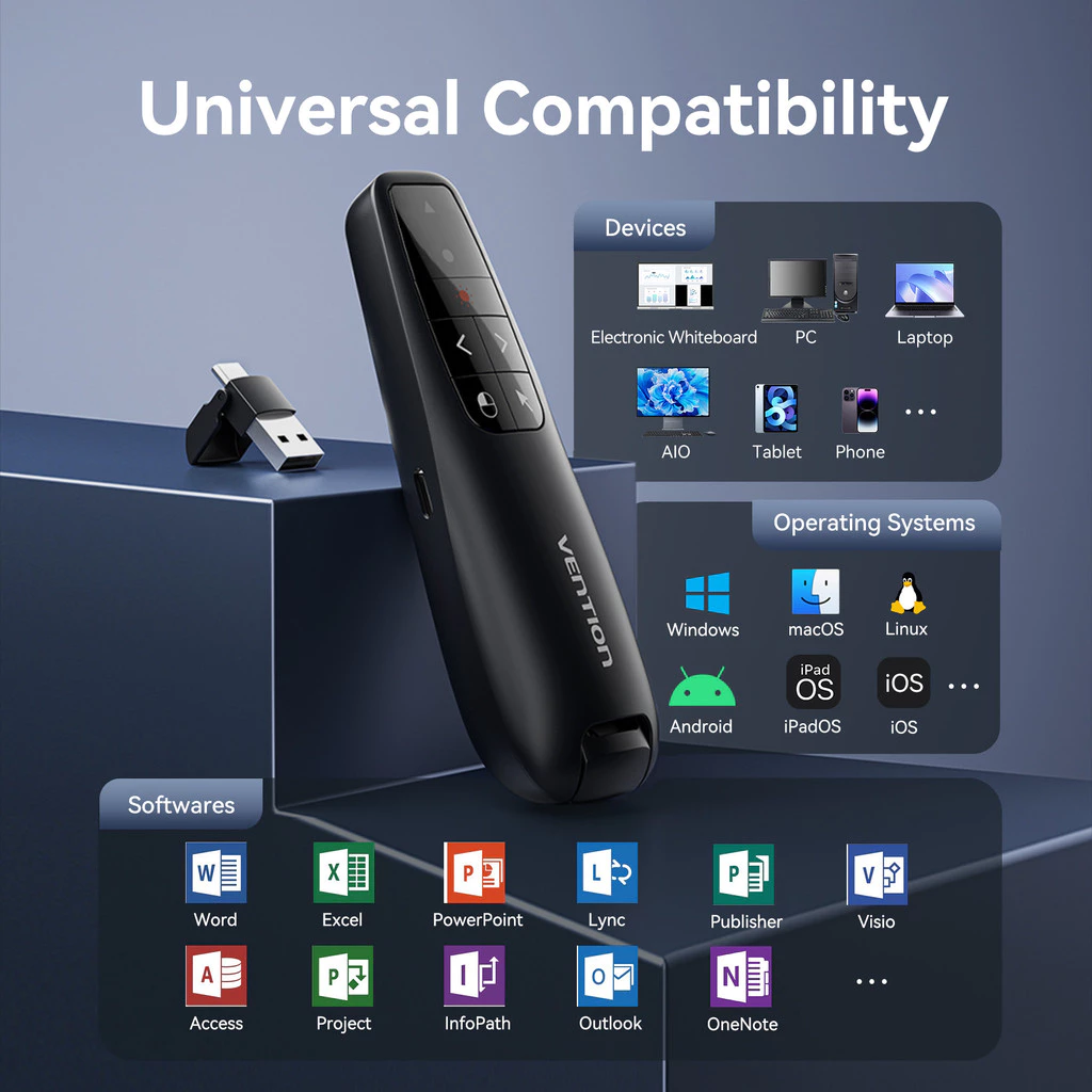 Vention Wireless Presenter Remote Red Laser Pointer with Air Mouse USB-C USB-A Receiver