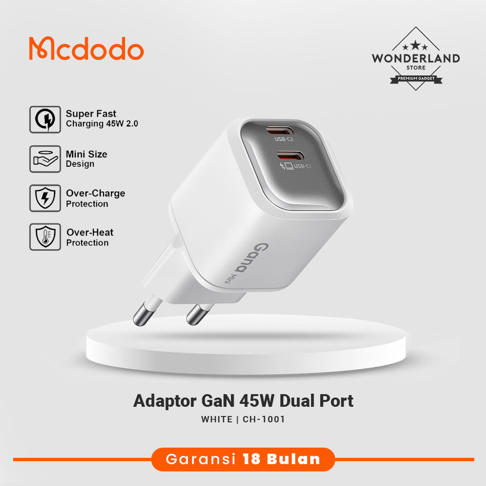 Mcdodo Adaptor GaN Charger Mini 45W USB-C SFC2.0 PPS2.0 Super Fast Charging PD