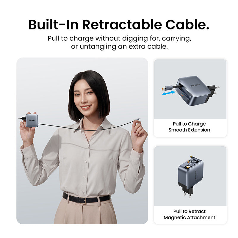Vention GaN Dash Adaptor 70W GaN Charger PD PPS Built in USB-C Retractable Cable
