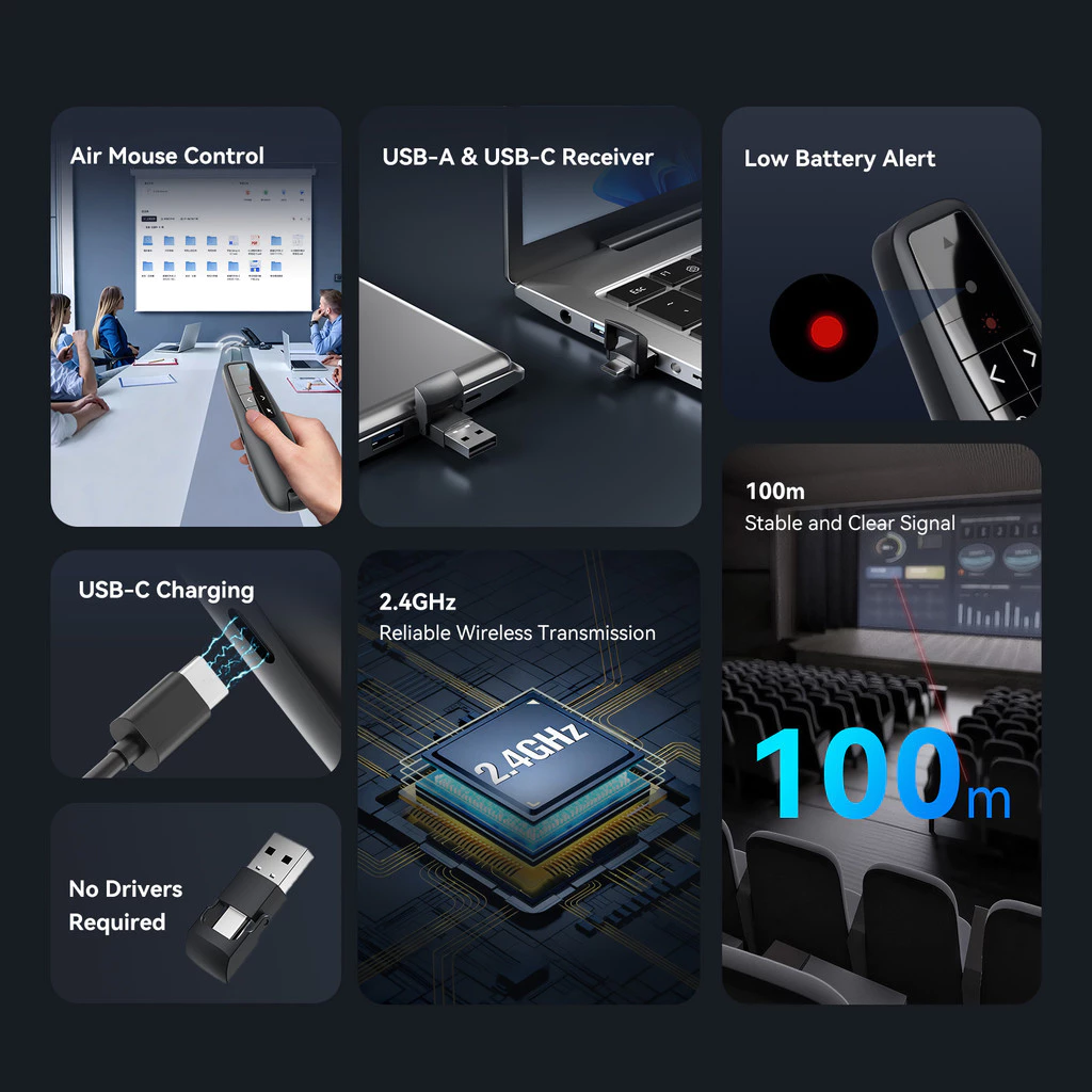 Vention Wireless Presenter Remote Red Laser Pointer with Air Mouse USB-C USB-A Receiver