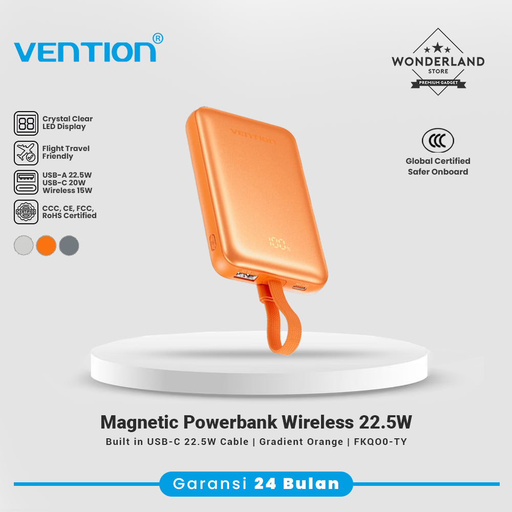 Vention CCC Magnetic Powerbank 10000mAh Fast Charging 22.5W Wireless 15W Built in Cable USB-C