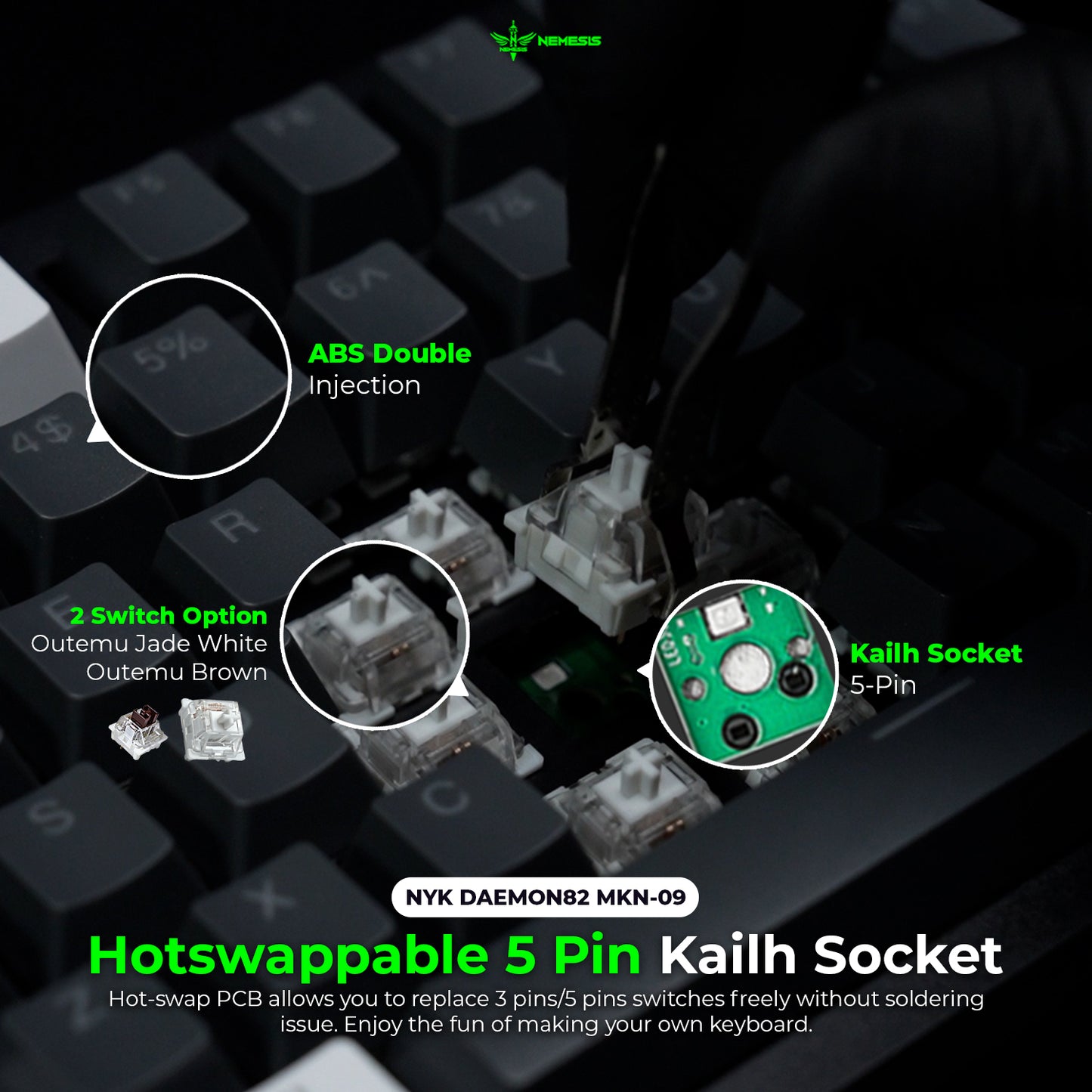 NYK Nemesis Daemon82 Gaming Keyboard 3in1 Connection Hotswap 5pin MKN09