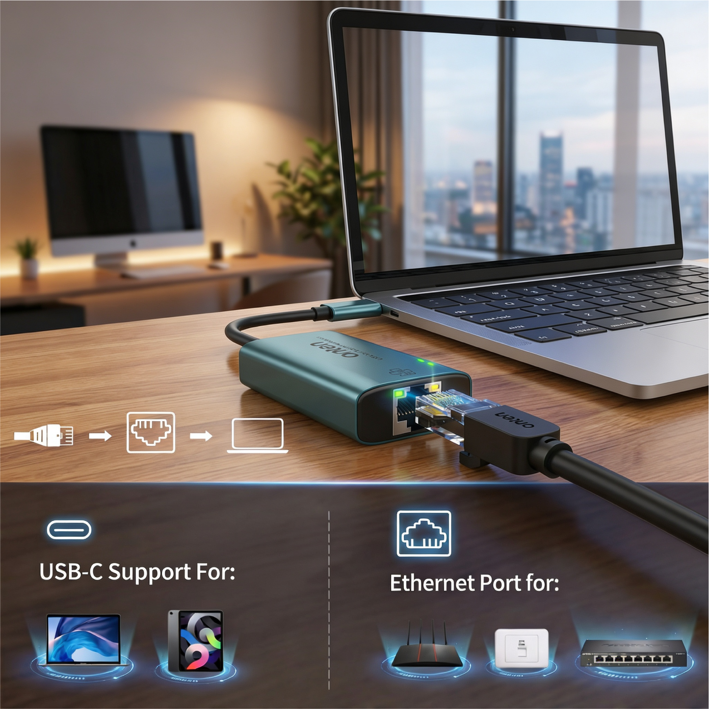 Onten Adapter USB-C to LAN RJ45 2.5GBPS High Speed Ethernet Adapter Support Mac OS Windows OTN-UC602