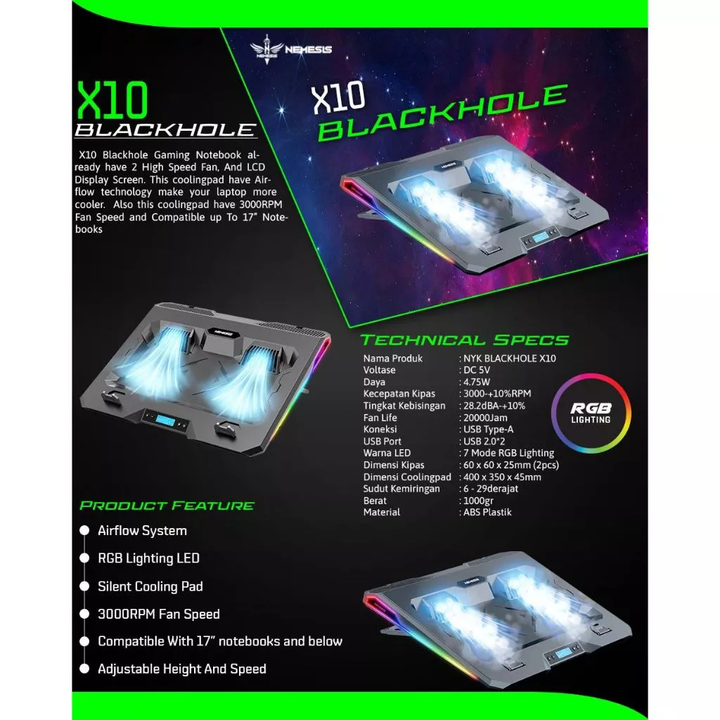 NYK Nemesis X10 / X-10 BlackHole CoolingPad Air Flow Suction RGB LED