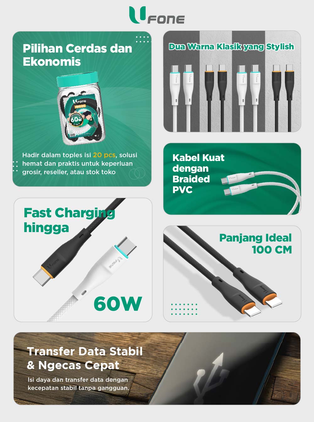 U1me x Ufone Kabel Data USB-C to USB-C 60W Charging Data Transfer