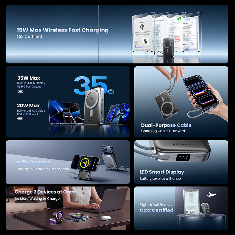 Vention CCC Powerbank Wireless 35W Magnetic Qi2 Powerbank 10000mAh 35W PD PPS LED Display