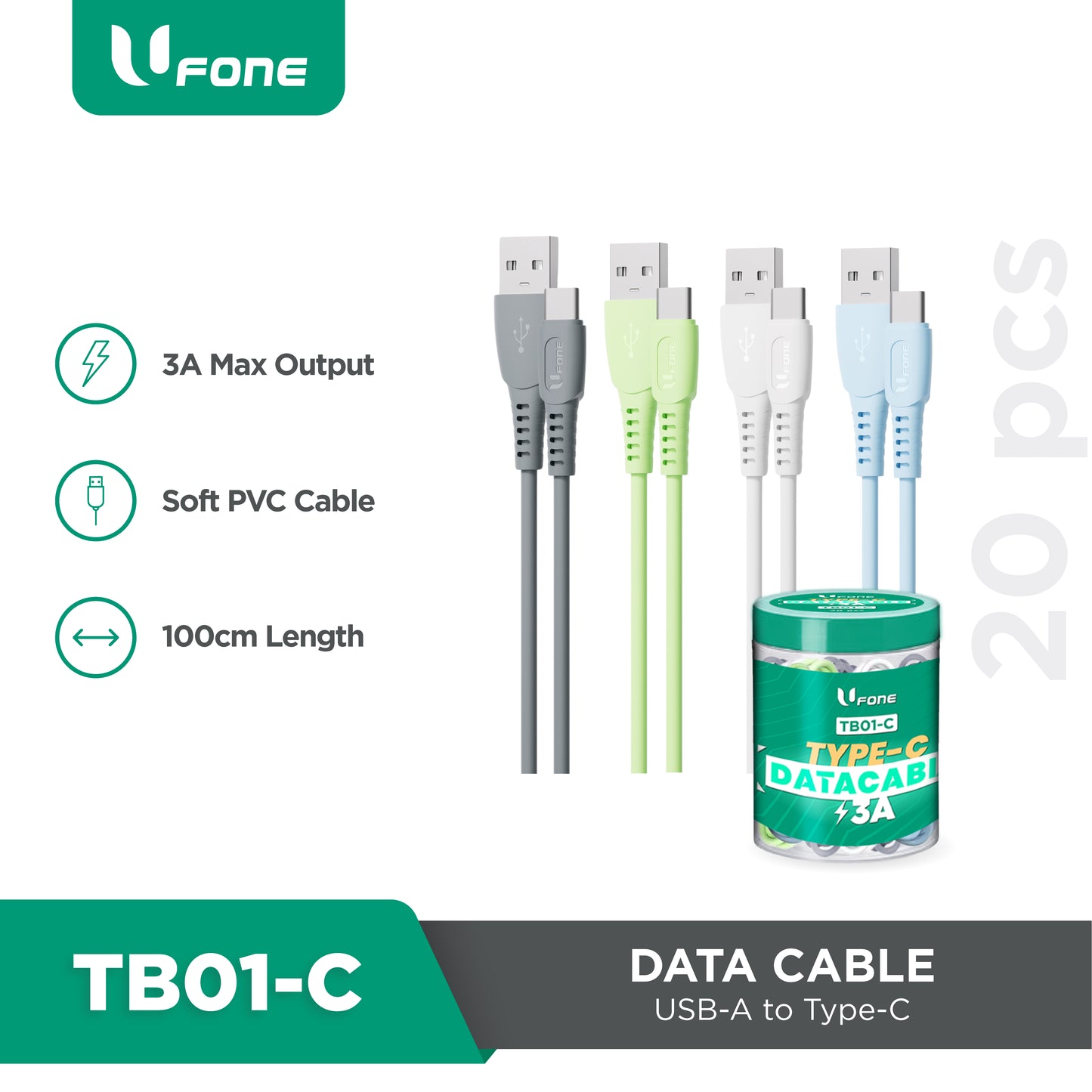 U1me x Ufone Kabel Data USB to USB-C 3A QC Turbo Charge, Super VOOC, Flash Charge