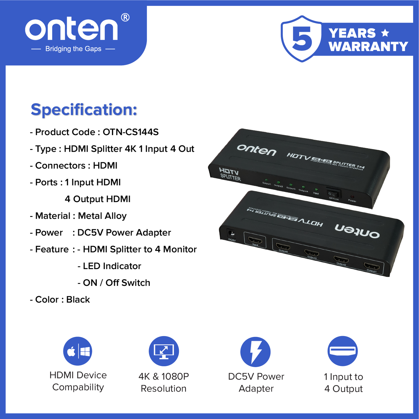 Onten HDMI Splitter 4K 1080P 1 Input 4 Output Multi Device Compabillity OTN-CS144S