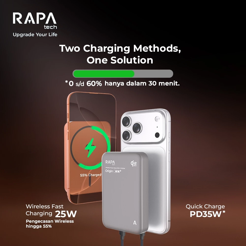 RAPAtech Origin ON+ Qi2.2 Fast Charging PD35W + Wireless 25W Magsafe 10.000mAh Wireless Powerbank
