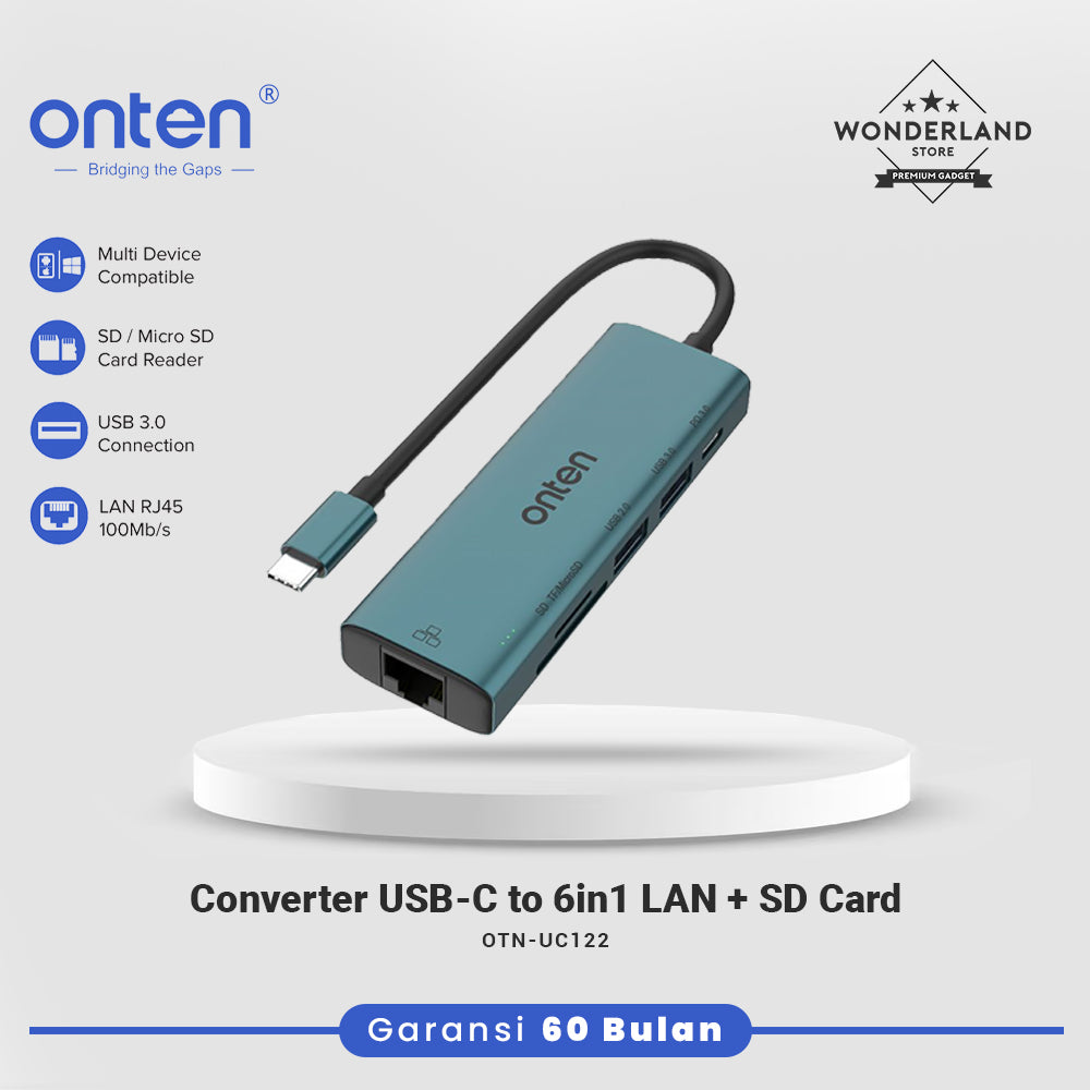 Onten Converter USB-C to 6in1 LAN RJ45 + TF/Micro SD Card Reader USB 3.0 USB 2.0 OTN-UC122