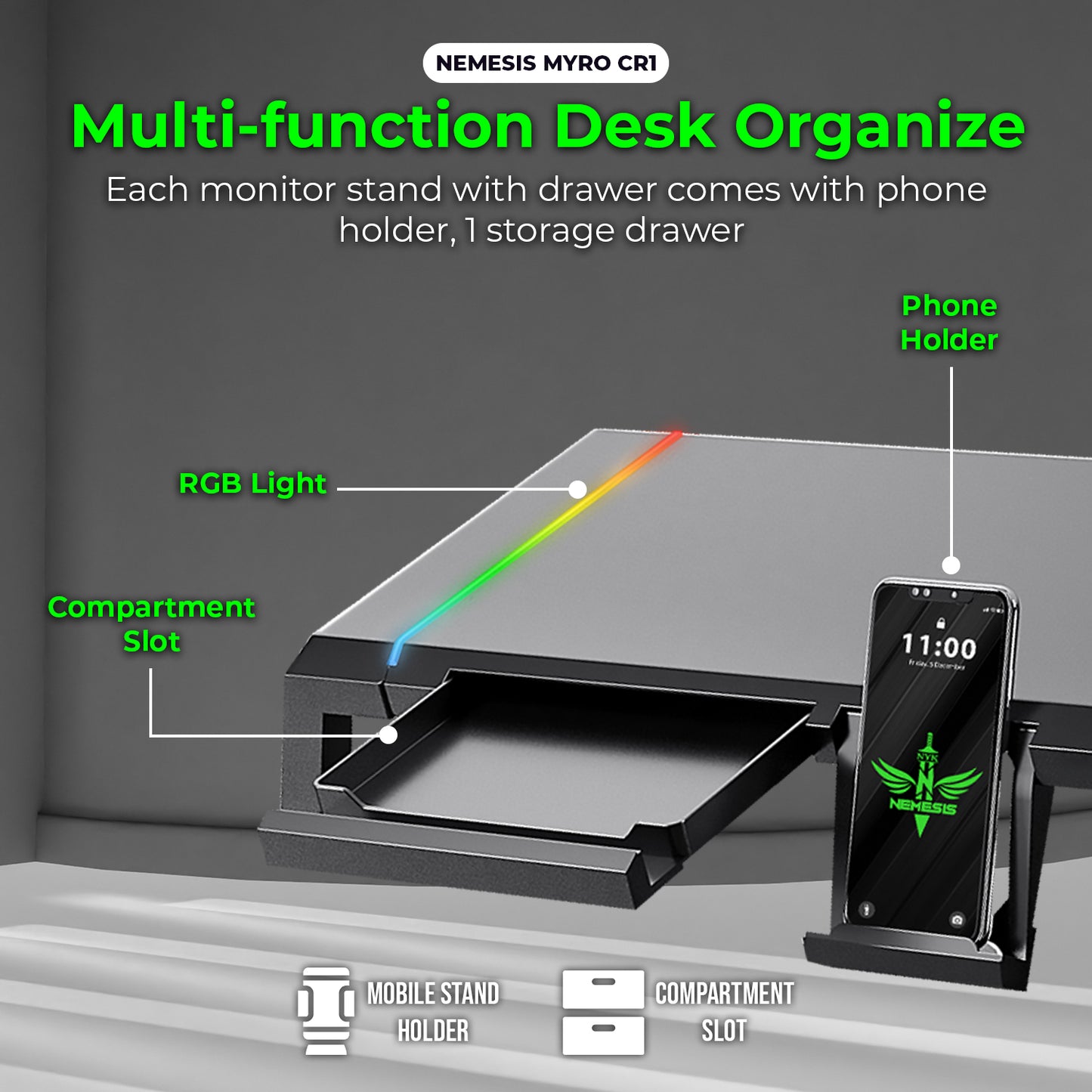 Nemesis Myro Stand Meja Monitor Foldable RGB with Phone Holder Nemesis MYRO CR1