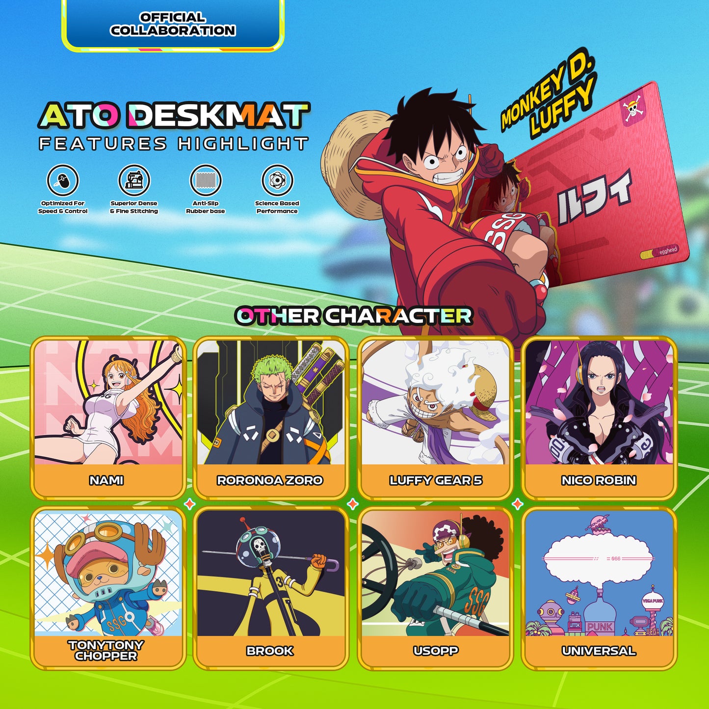 Fantech x One Piece Egghead Colaboration Ato MP905 Deskmat Mousepad Anti Slip Luffy Zoro Chopper Robin NamiUsopp