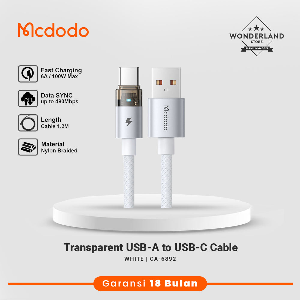 Mcdodo Kabel Data Transparant 6A USB-A to USB-C Super Charge,QC4,VOOC