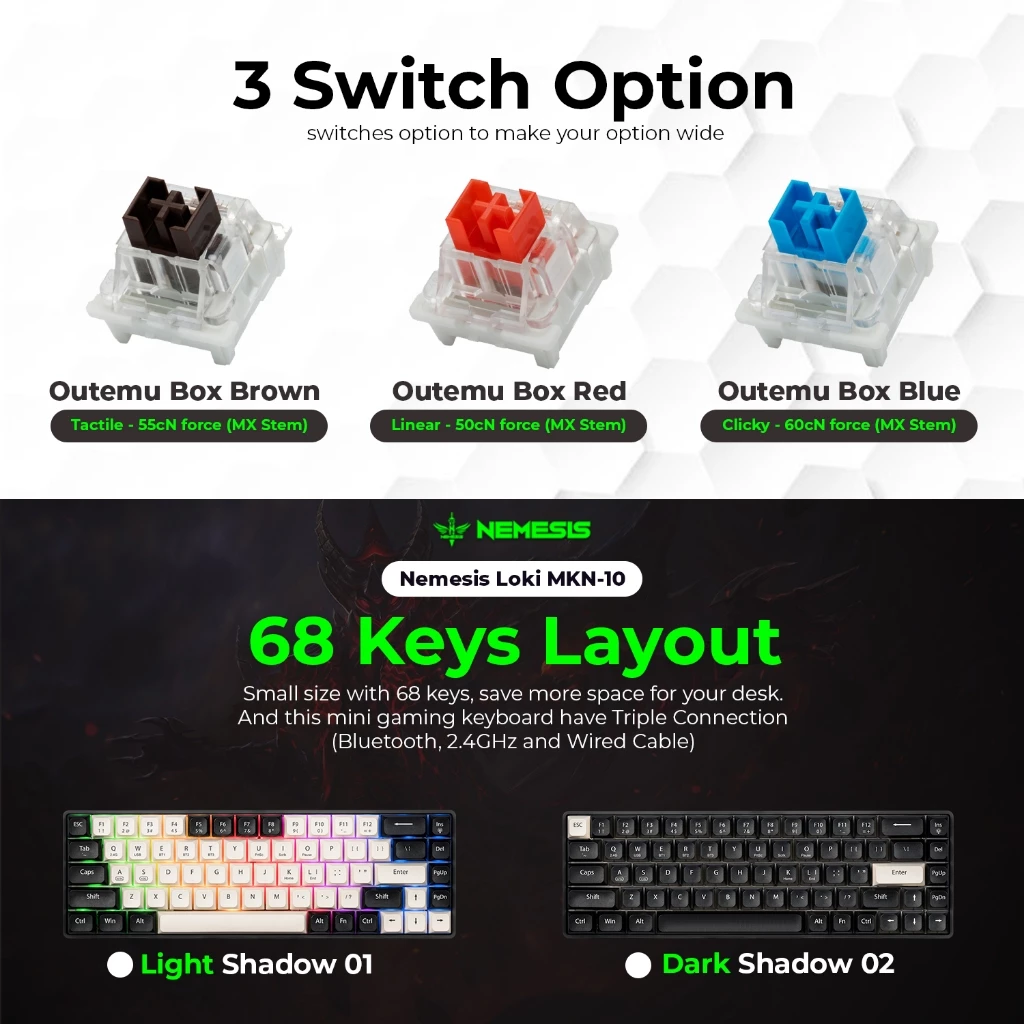 NYK Nemesis Keyboard 3in1 Wireless Connection / Wired Hotswap 5 pin Rechargeable LOKI MKN-10