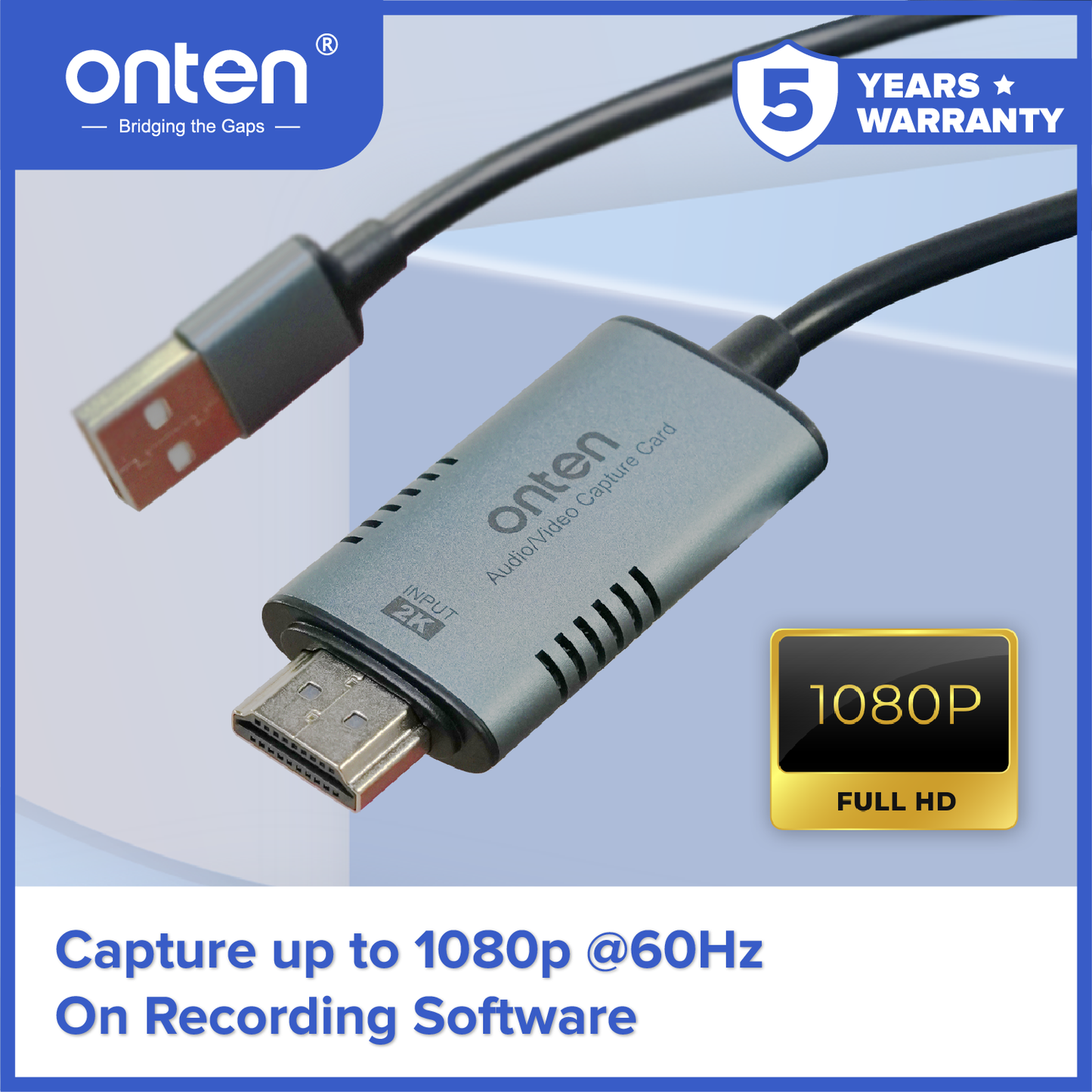 Onten Kabel Video Capture Card USB To HDMI Male Streaming Live 1080P OTN-US313
