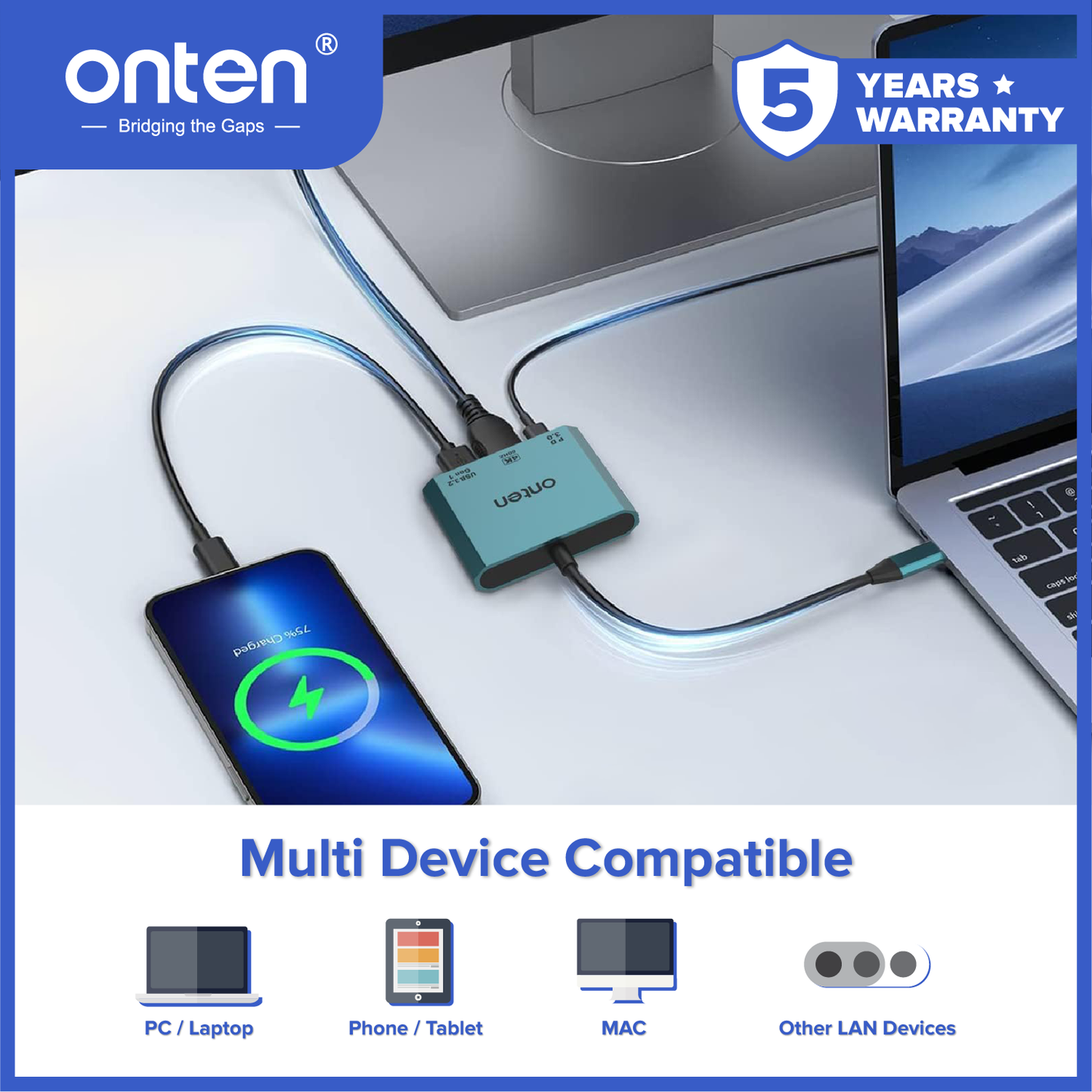 Onten Converter 3in1 USB-C to 4K HDMI & USB 3.2 GEN 1 For Duplicate atau Extend Display OTN-UC301
