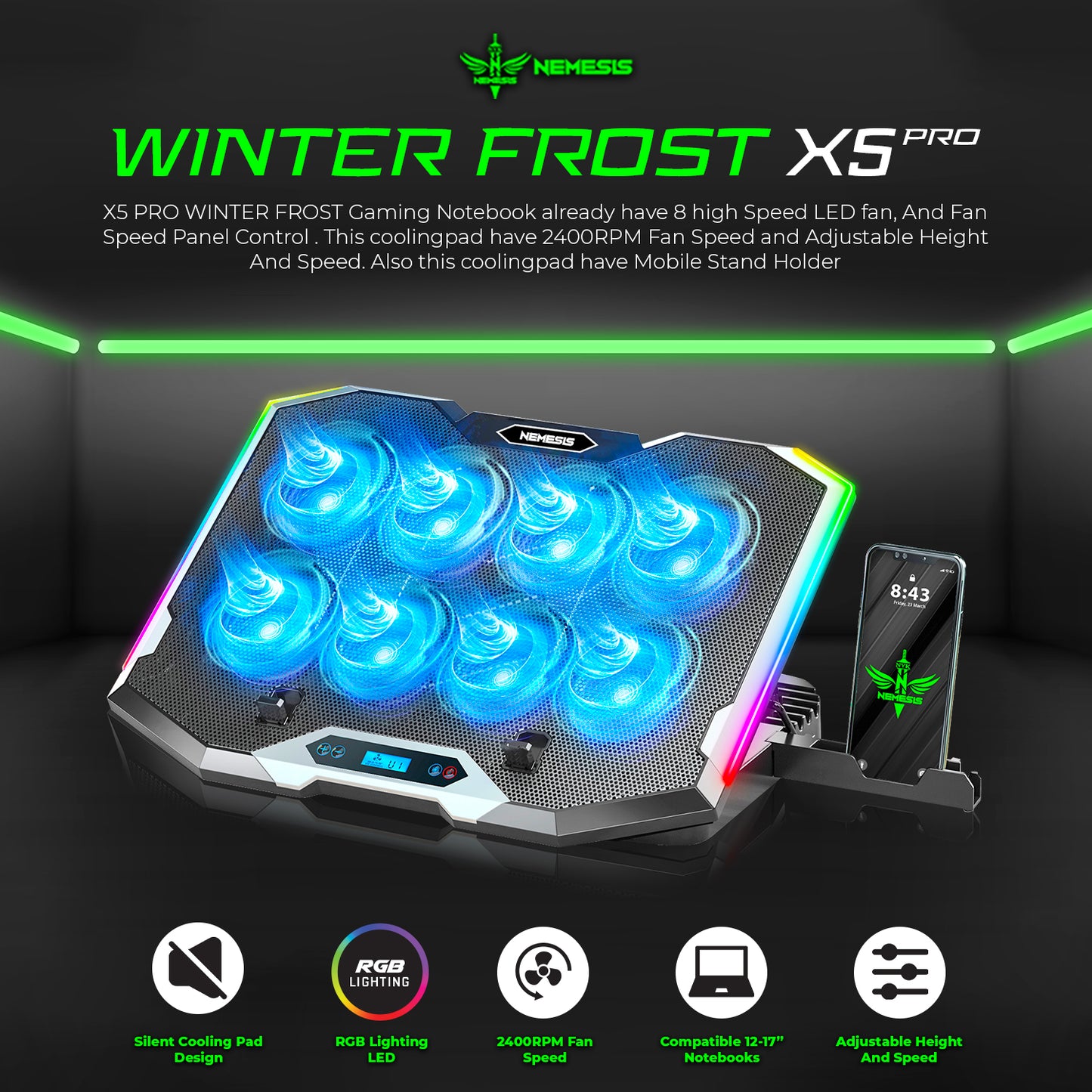 NYK Nemesis Winter Frost X5 Pro Coolingpad 8 Fan RGB with Phone Holder