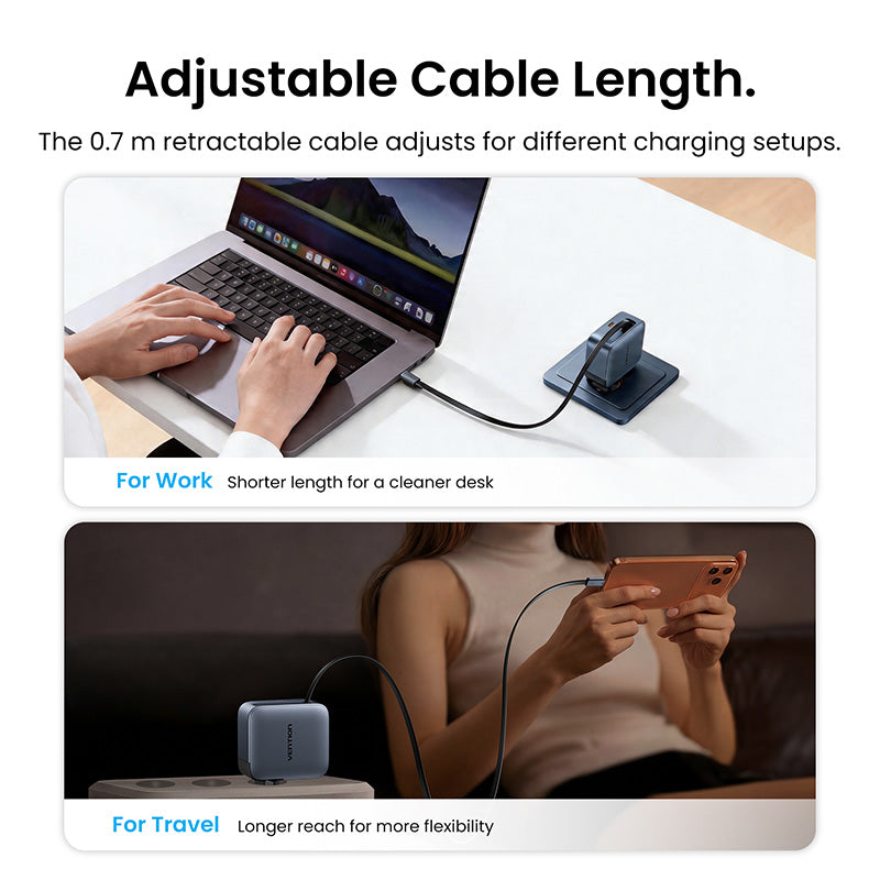 Vention GaN Dash Adaptor 70W GaN Charger PD PPS Built in USB-C Retractable Cable