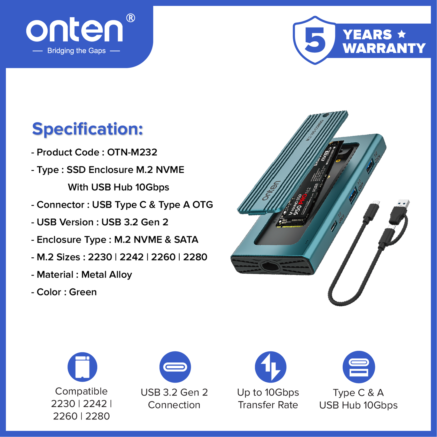 Onten SSD Enclosure HUB M.2 NVME 10Gbps USB 3.2 Gen 2 Connection Casing SSD OTN-M232