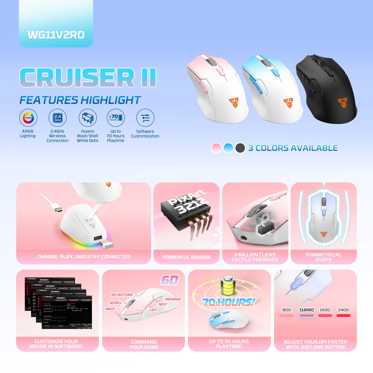 Fantech Cruiser II WG11V2RD Wireless Gaming Mouse Rechargeable 2400 DPI Includes Charging Dock