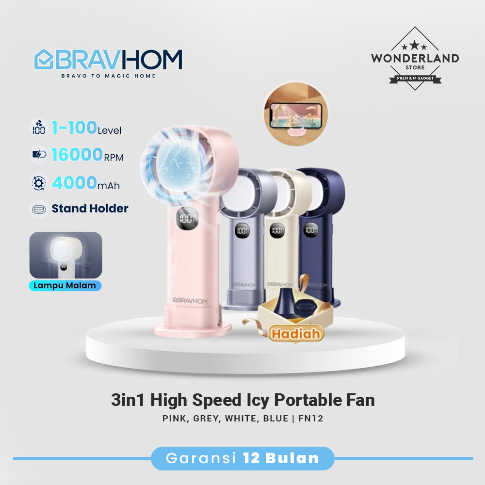BRAVHOM FN12 Kipas Angin Mini Portable 4000mAh High-Speed 16000RPM LED 100Gear Lampu Malam