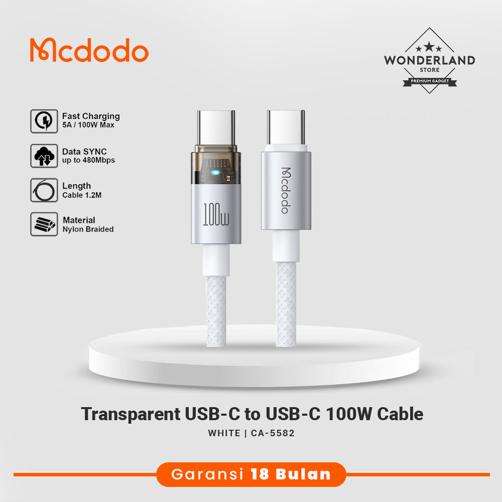 Mcdodo Kabel Data Transparant USB-C to C 100W PD PPS LED Indicator