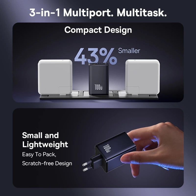 Baseus EnerFill FE11 Adaptor 100W Charger 2 USB-C + 1 USB-C 100W PPS PD3.0 QC3.0