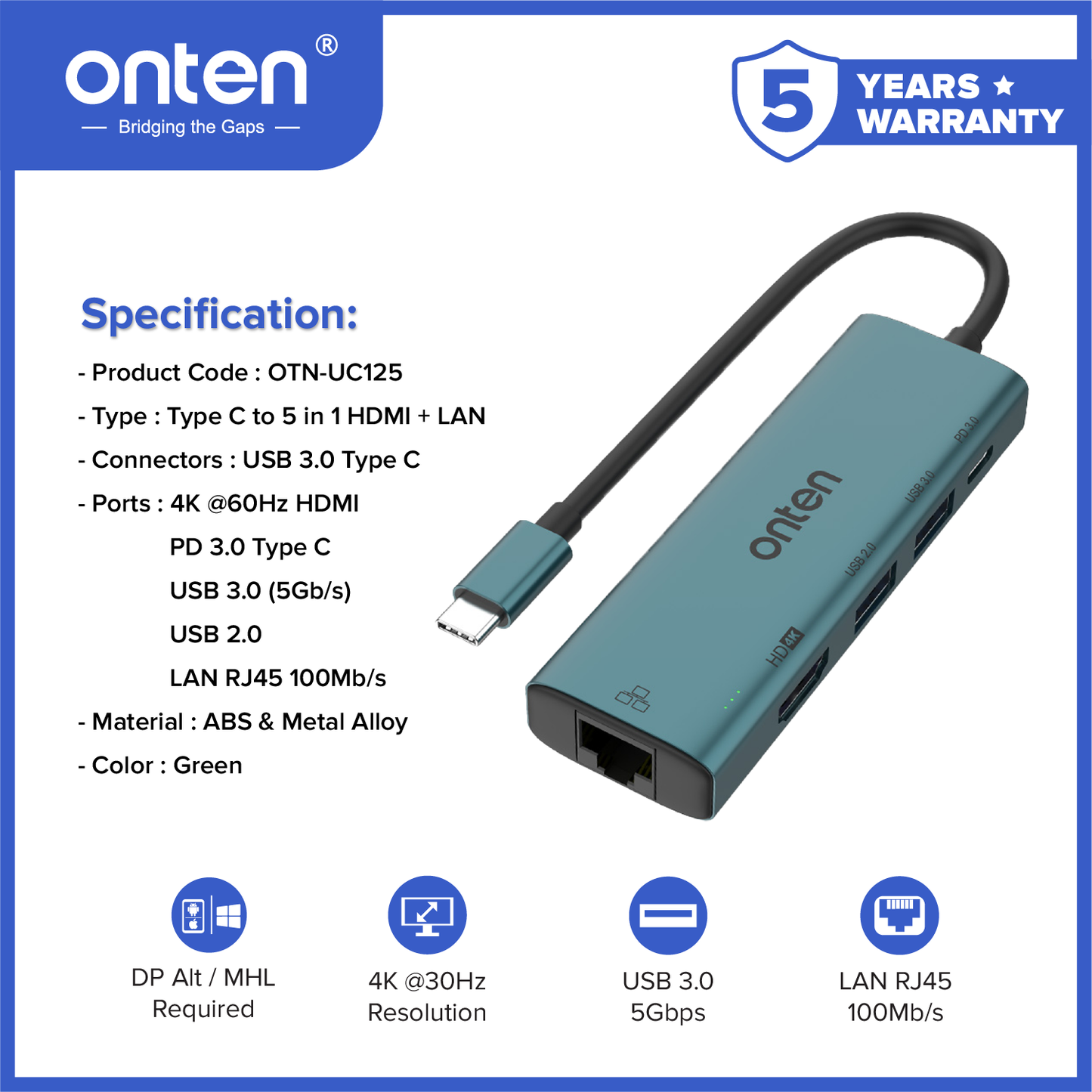 Onten Converter USB-C Hub 5in1 to LAN RJ45 HDMI USB 3.0 USB 2.0 PD 3.0 OTN-UC125