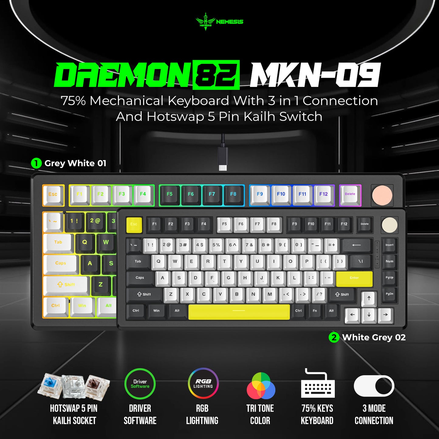 NYK Nemesis Daemon82 Gaming Keyboard 3in1 Connection Hotswap 5pin MKN09
