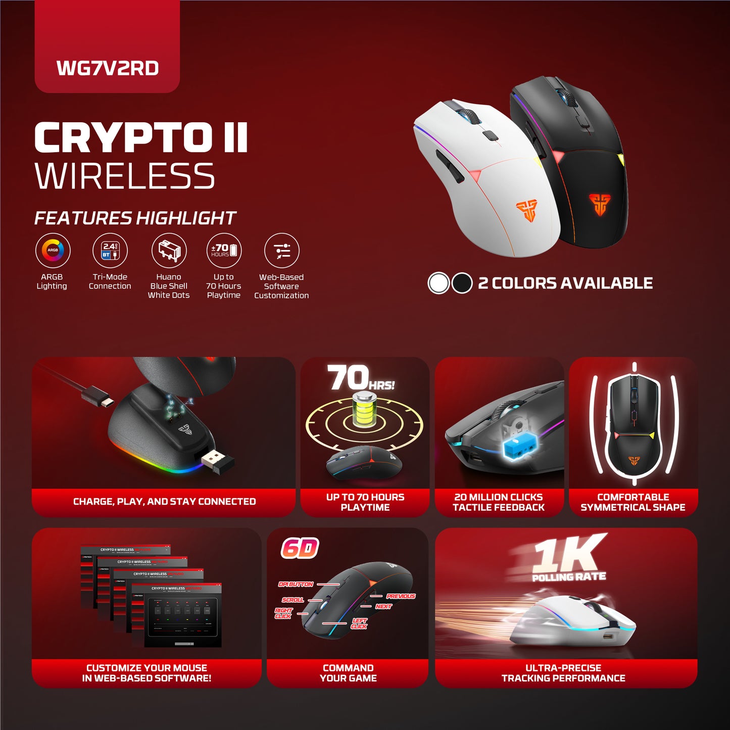 Fantech CRYPTO II WG7V2RD Wireless Gaming Mouse With RGB Gaming Optical Sensor