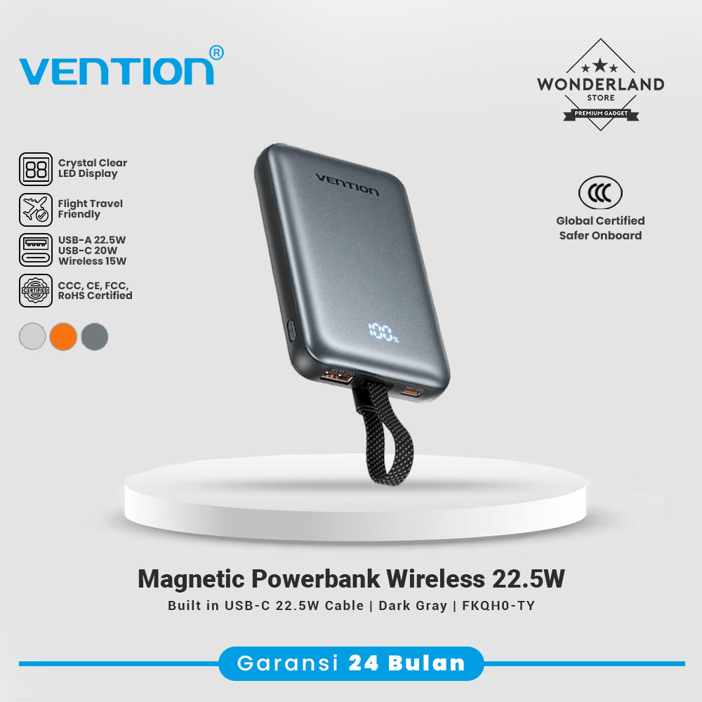 Vention CCC Magnetic Powerbank 10000mAh Fast Charging 22.5W Wireless 15W Built in Cable USB-C