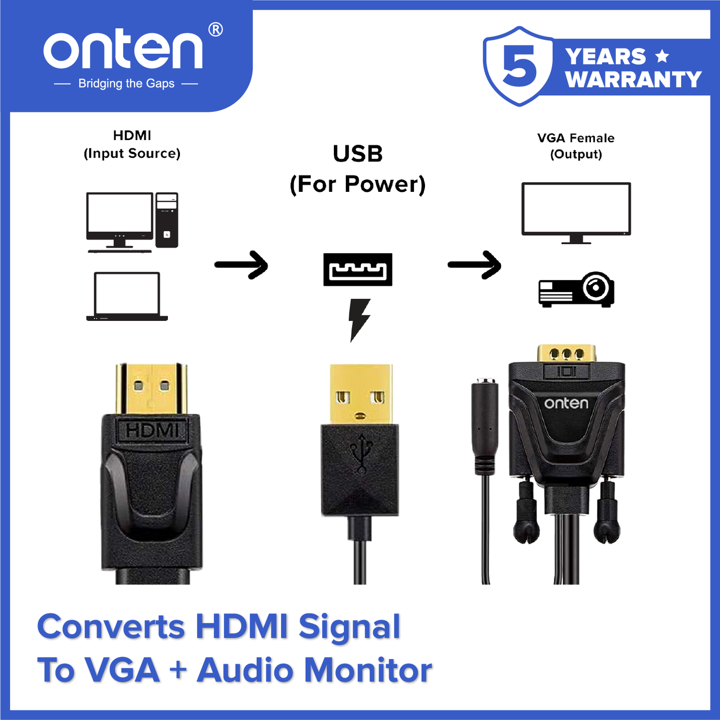 Onten Kabel HDMI To VGA + Audio Resolution Up To 1080p OTN-5137