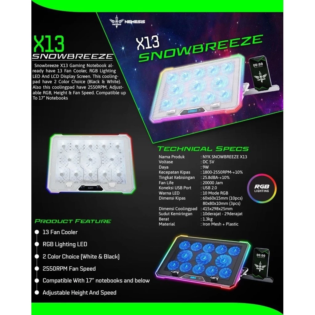 NYK Nemesis Snowbreeze X13 X-13 X 13 Coolingpad Kipas Laptop Cooler Pad Alas Pendingin Laptop RGB