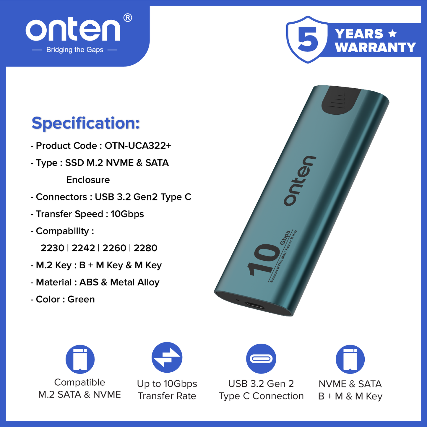 Onten Case Enclosure SSD M2 NVME NGFF SATA USB 3.2 Dual Protocol OTN-UCA321/UCA322/UCA322+