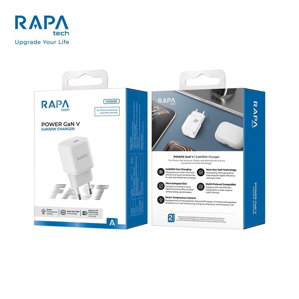 RAPAtech Power GaN V 20W 30W Charger iPhone Android Include USB-C to C Cable