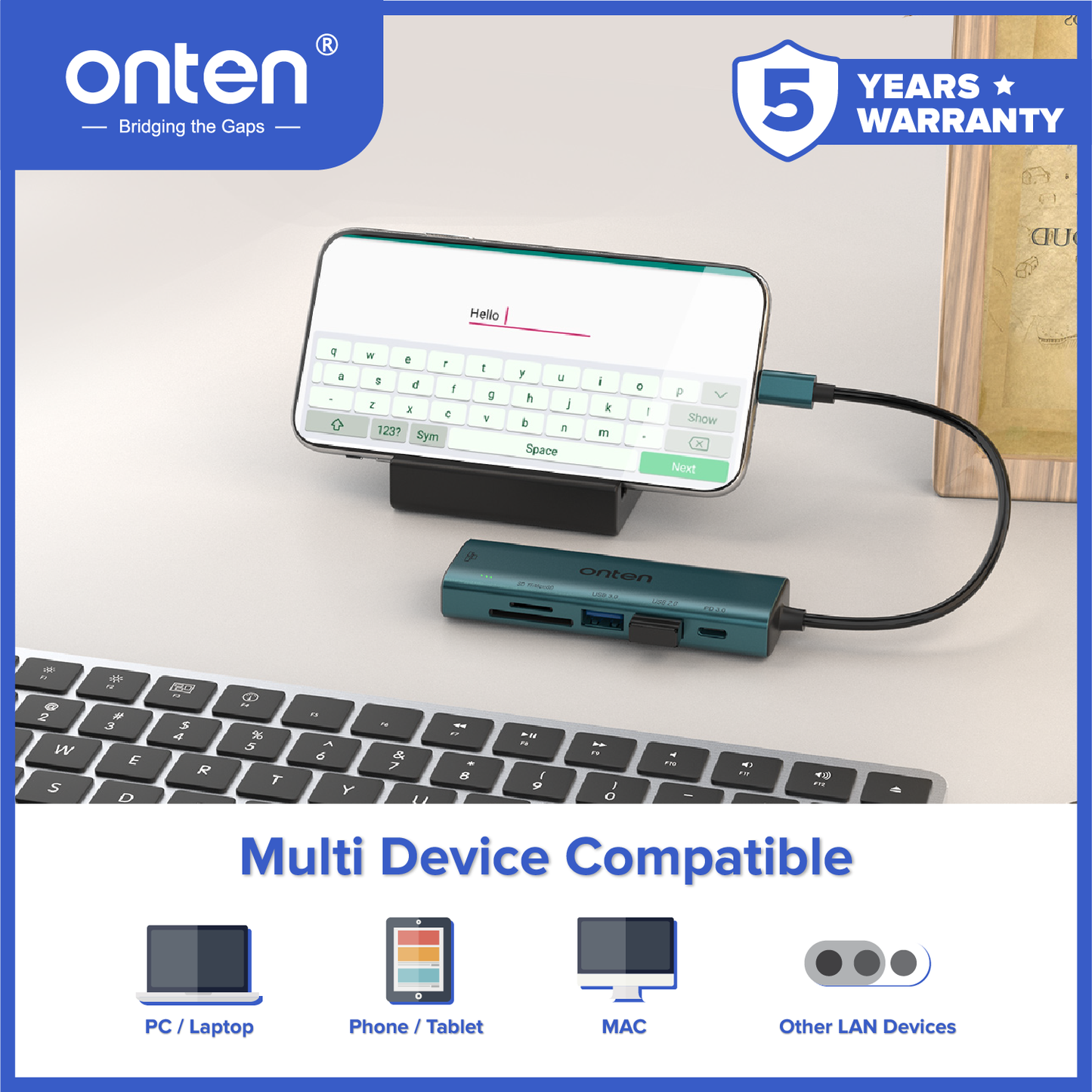 Onten Converter USB-C to 6in1 LAN RJ45 + TF/Micro SD Card Reader USB 3.0 USB 2.0 OTN-UC122