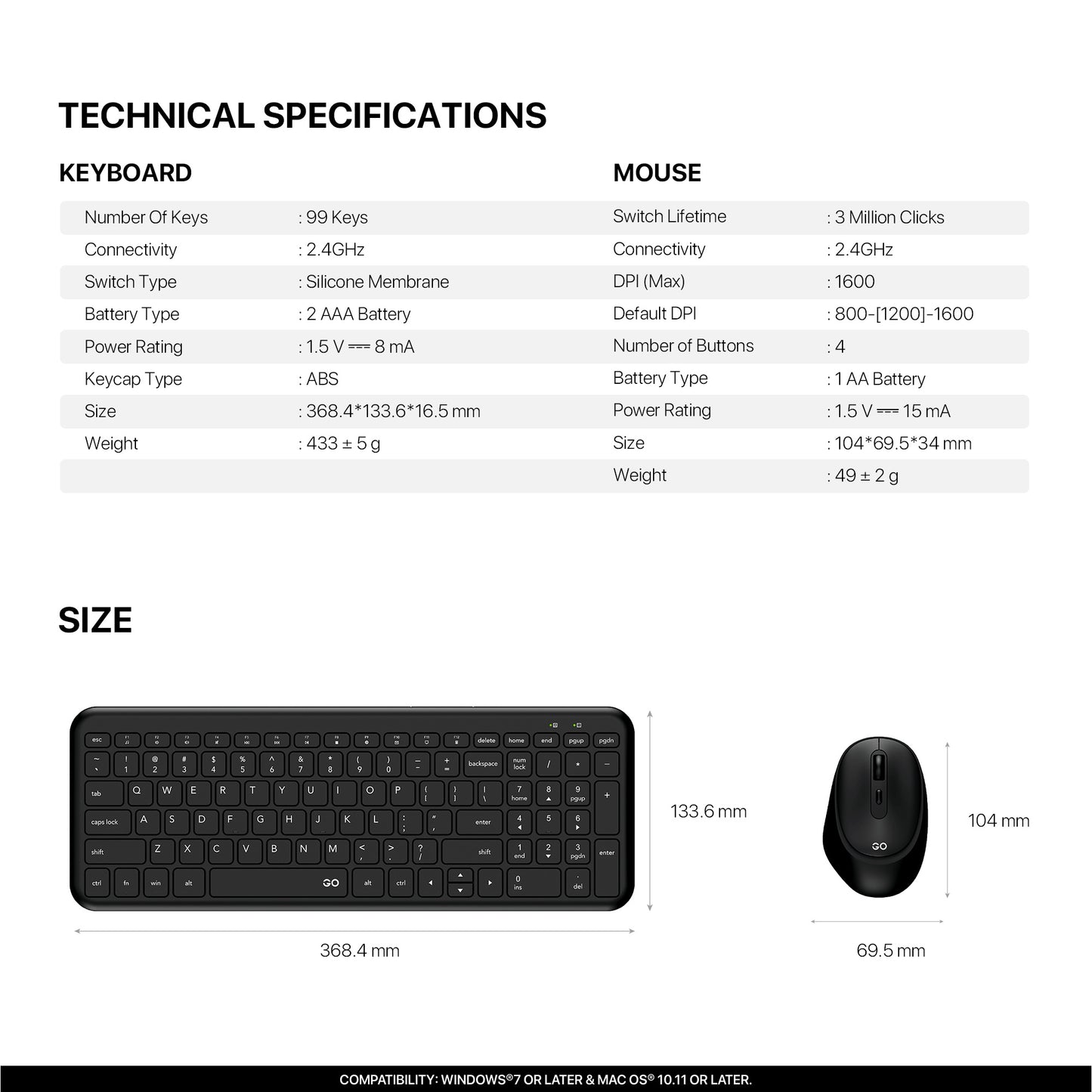 Fantech GO WK901 Combo Keyboard + Mouse Office 2.4GHz Wireless Silent 99 Keys & Clicks