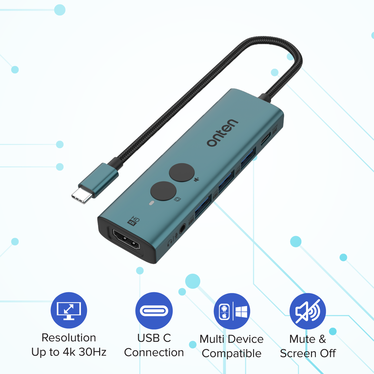 Onten USB-C HUB 6in1 with Screen OFF & Mute Compatible Mac OS Windows 4K 30Hz Resolution OTN-UC123P