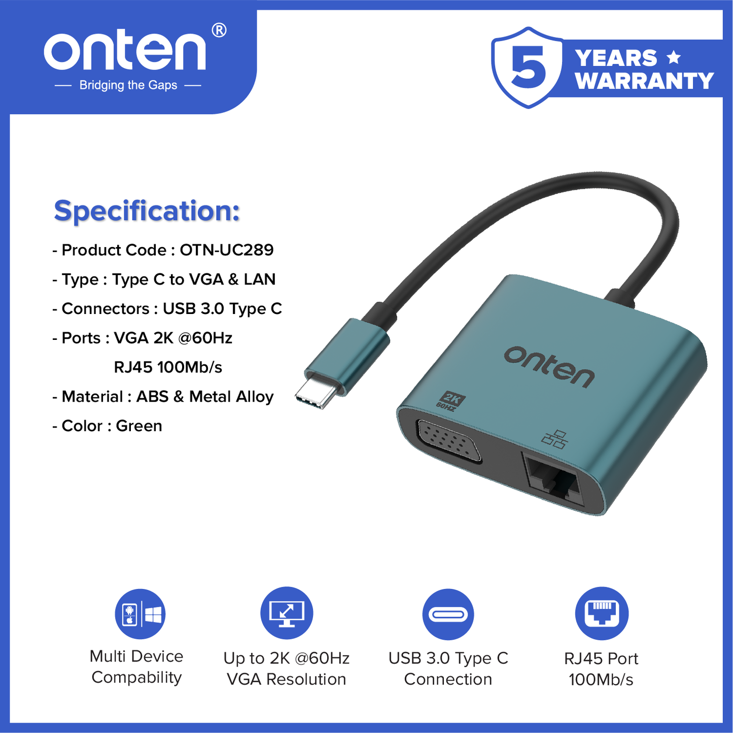 Onten Converter Fast 2in1 USB3.0 USB-C to 2K VGA + LAN RJ45 OTN-UC289