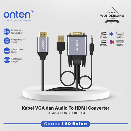 Onten Kabel VGA dan Audio To HDMI Converter Support Up to 1080P 1.8Meter 3Meter OTN-5139S
