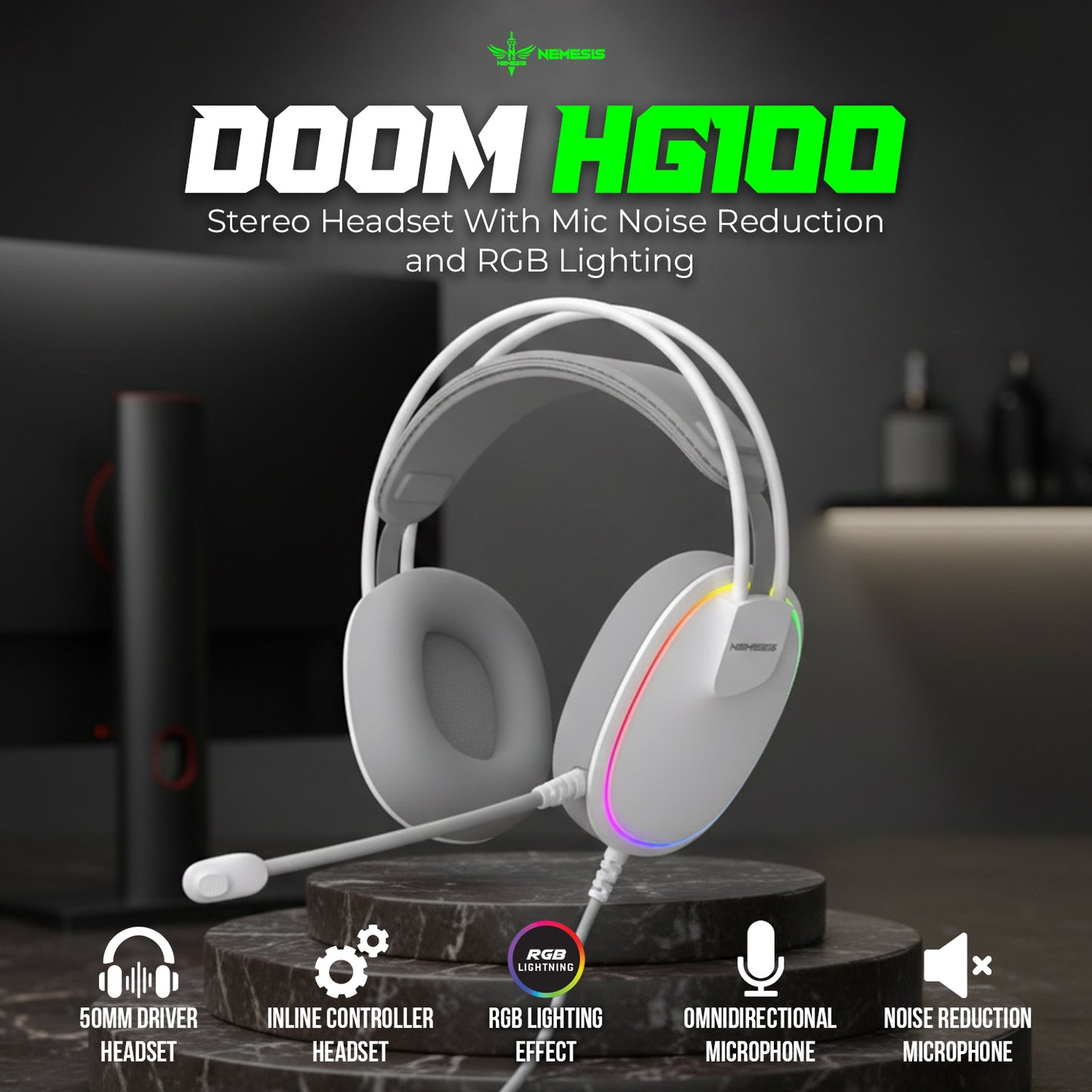 Nemesis DOOM HG100 Headset Gaming 7.1 Virtual Surround RGB Ultra-Lightweight with Microphone