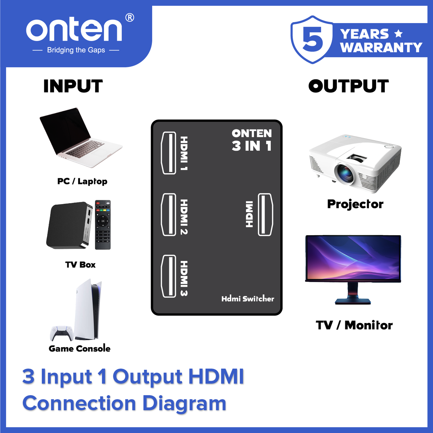Onten Switcher 3in1 HDMI Ports Output with Remote Control HDTV 4K 60Hz Resolution OTN-CS341