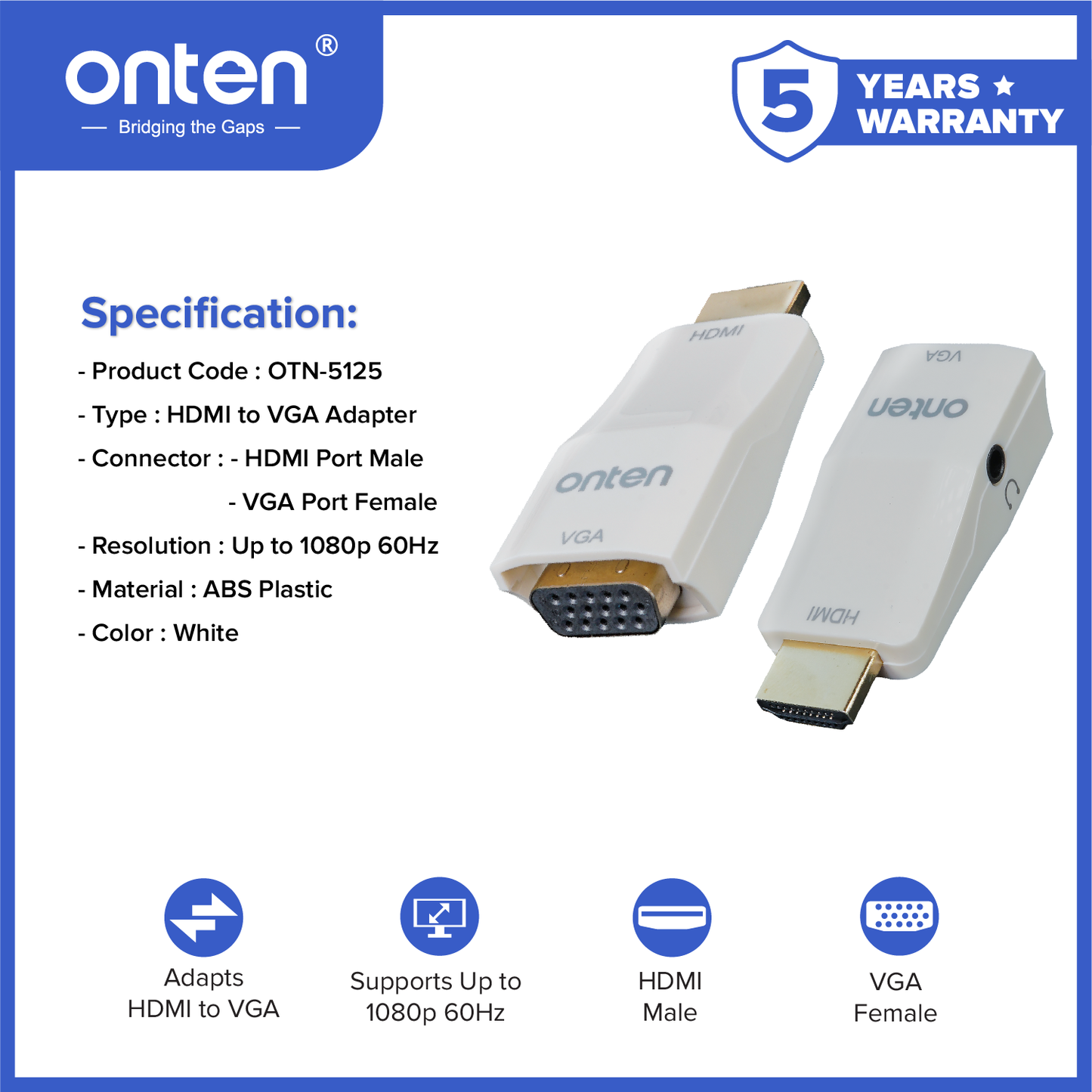 Onten Adapter HDMI to VGA dan Audio Support Up to 1080P 60Hz OTN-5125